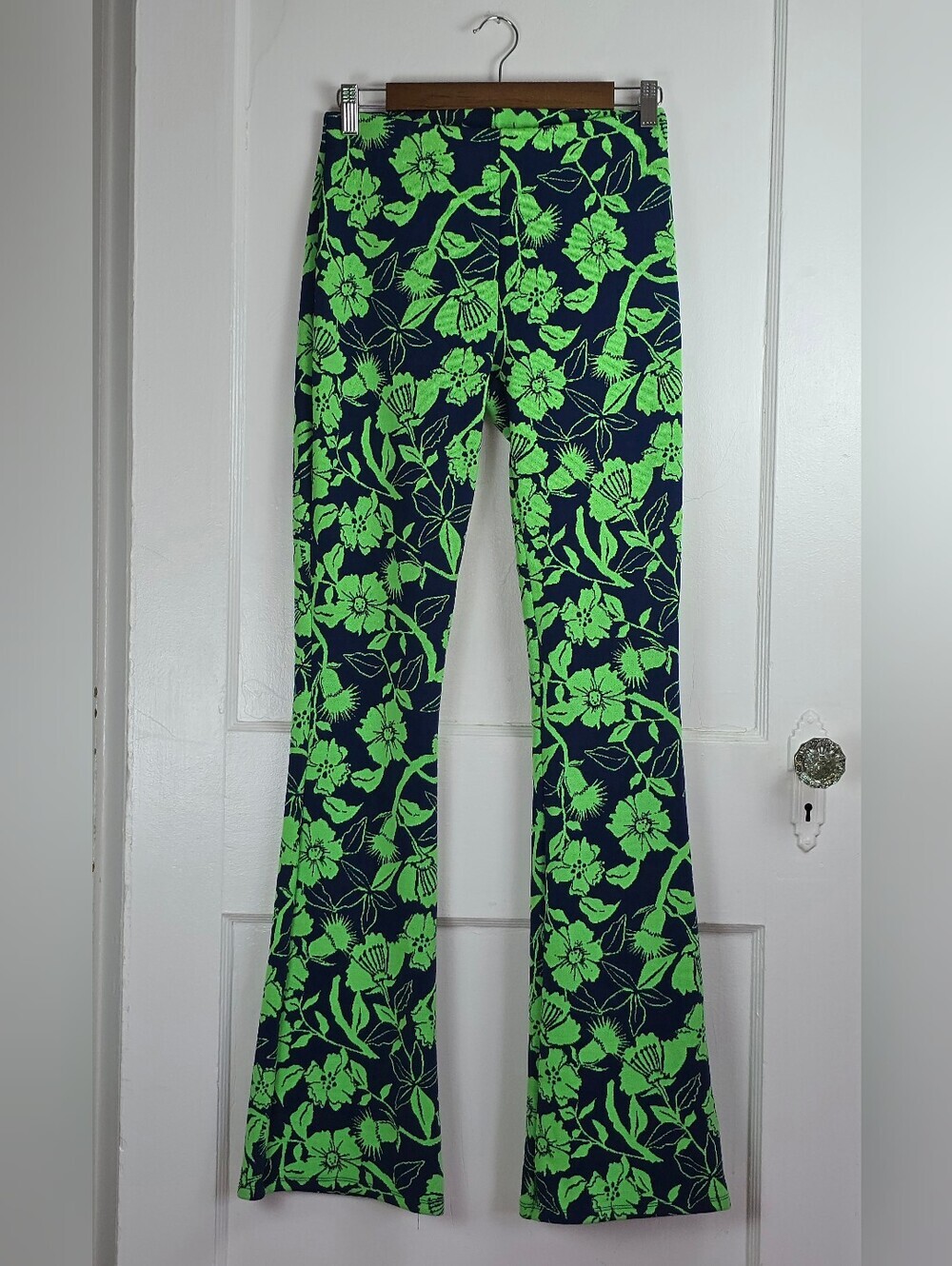 Zara Navy and Neon Floral Jaquard Retro Knit Flare Pants 34" inseam NWOT S/M